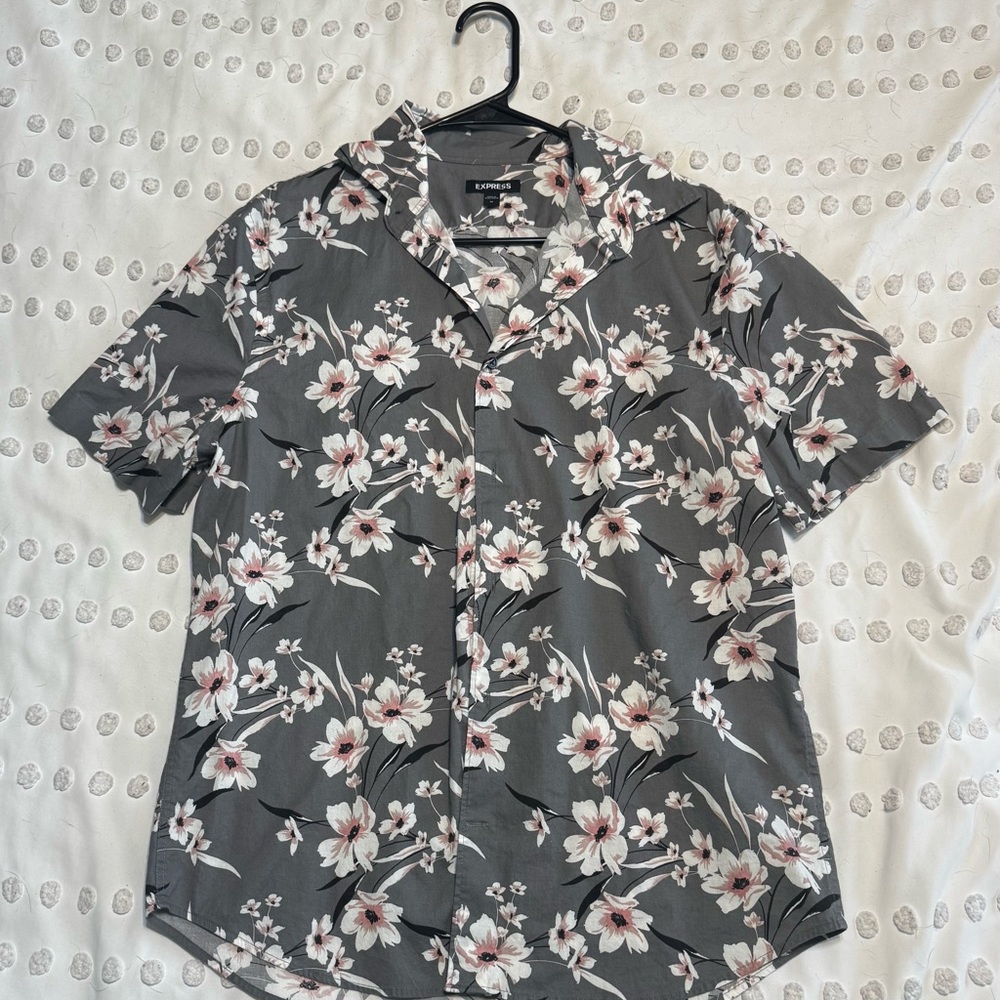 Gray Floral Casual Button Down Shirt